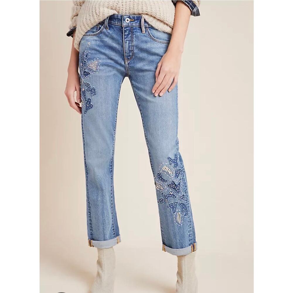 Anthropologie Pilcro Slim Boyfriend Jeans Size 29 Light Wash Floral Embroidered